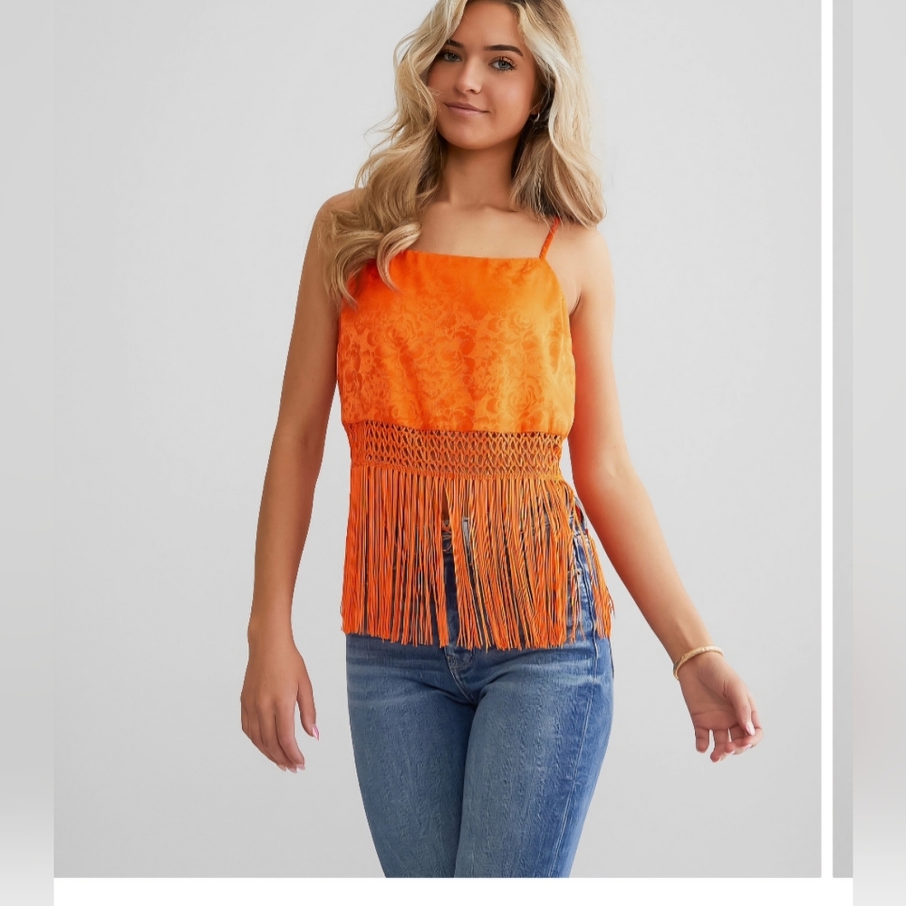 Buckle Willow &‎ Root NWOT Orange Jacquard Satin Fringe Top Size S/M